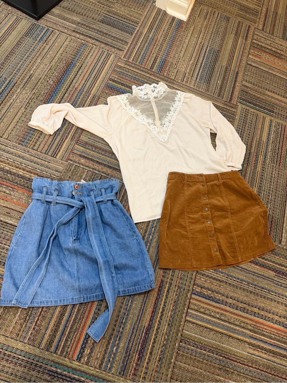 Lot of 3 Cream Lace V-Neck Top + Blue Denim Skirt + Brown Corduroy Skirt - Small
